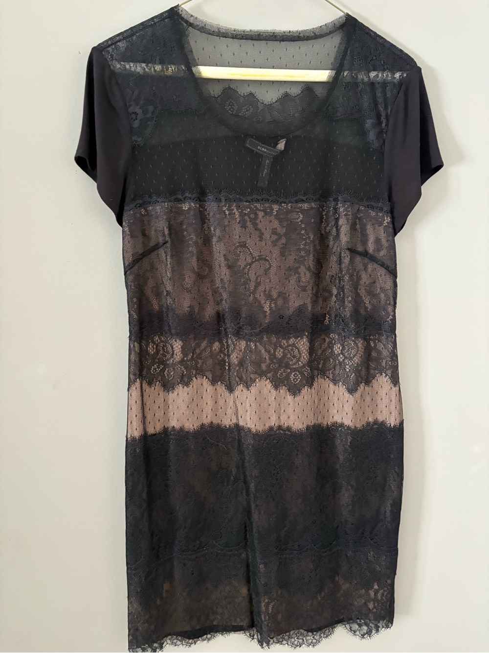 BCBGMaxAzria Black Sheer Lace Slip with Nude Underlayer